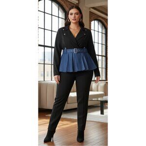 Shein Sylvia Mollie Plus Faux Denim Black Peplum Colorblock Blazer Jacket 12, 0X
